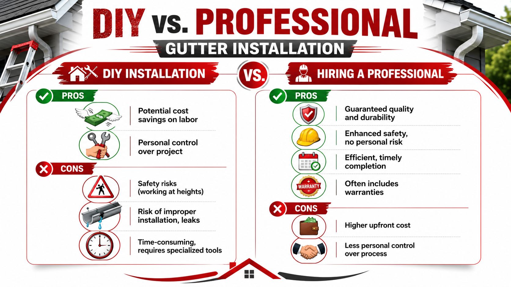 A comparison chart outlining the pros and cons of DIY versus professional gutter installation for homeowners.