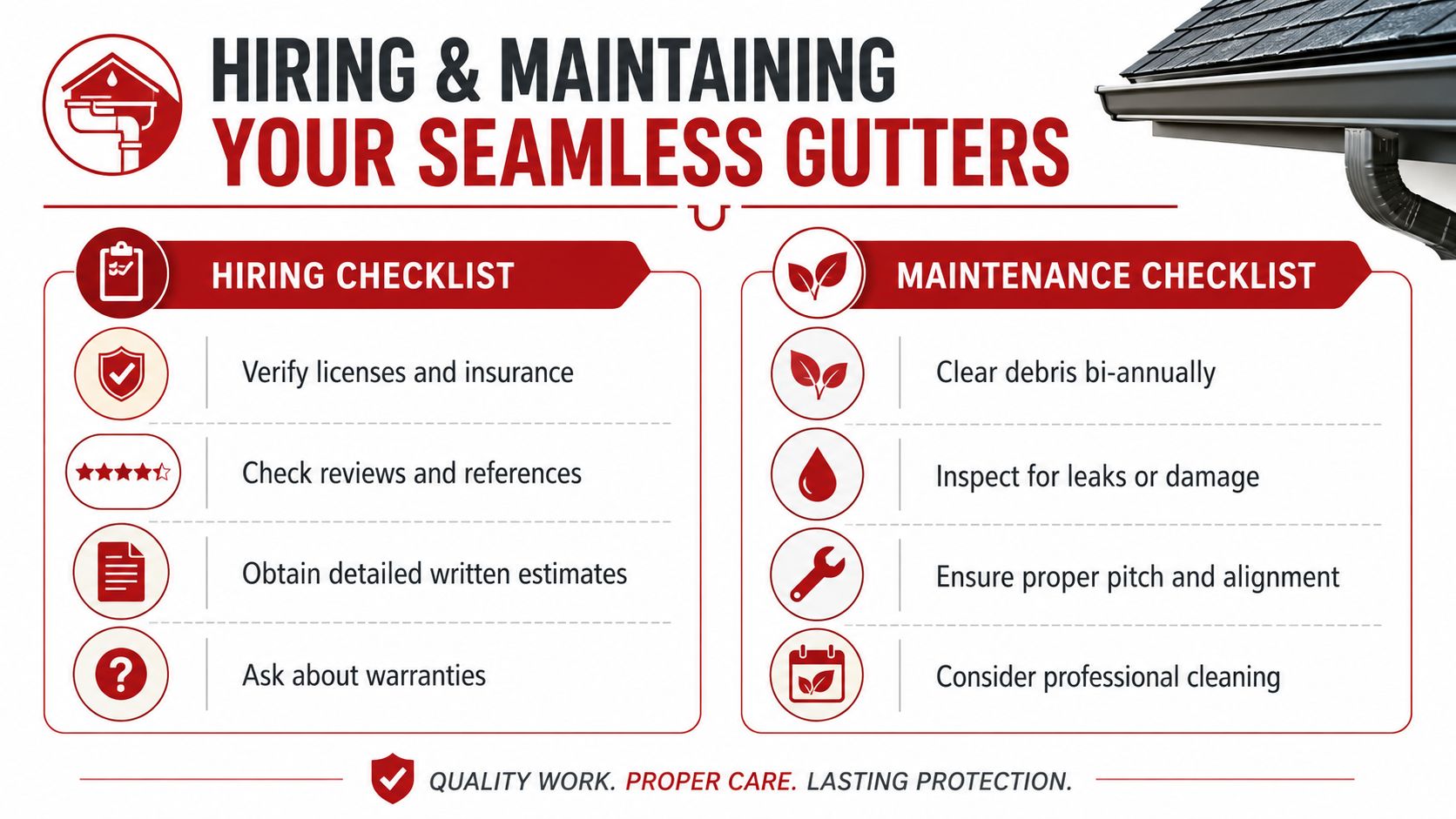 An infographic detailing a hiring and maintenance checklist for homeowners regarding their seamless gutter systems.