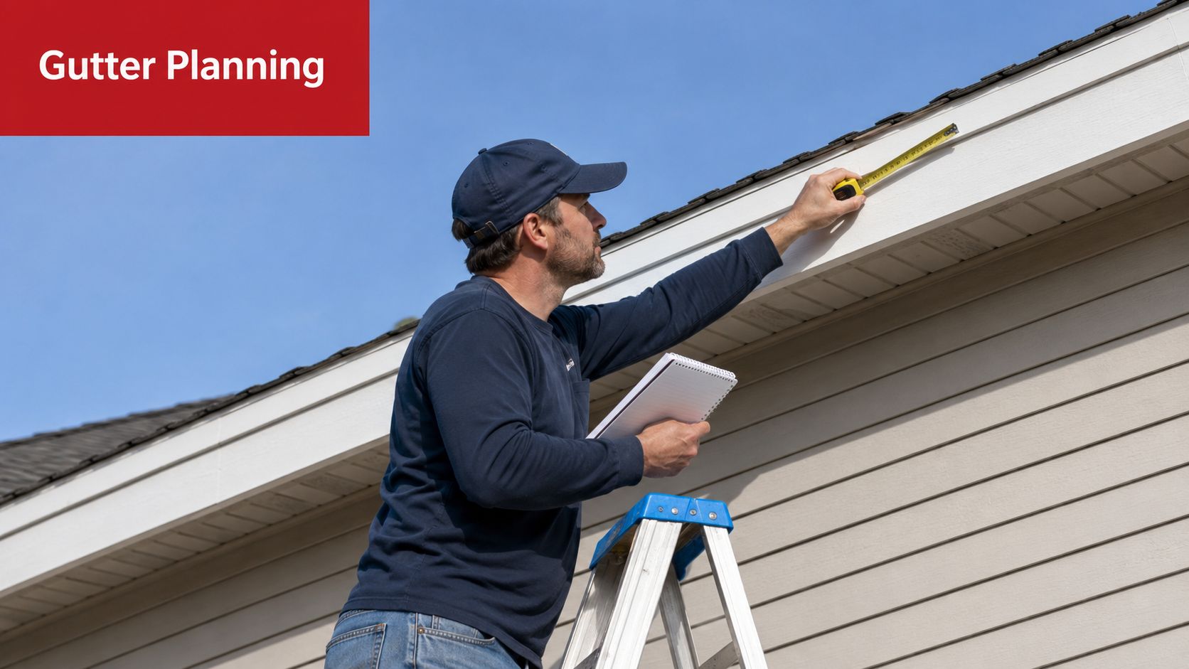 A professional contractor stands on a ladder measuring the roofline to plan for seamless gutter installation.