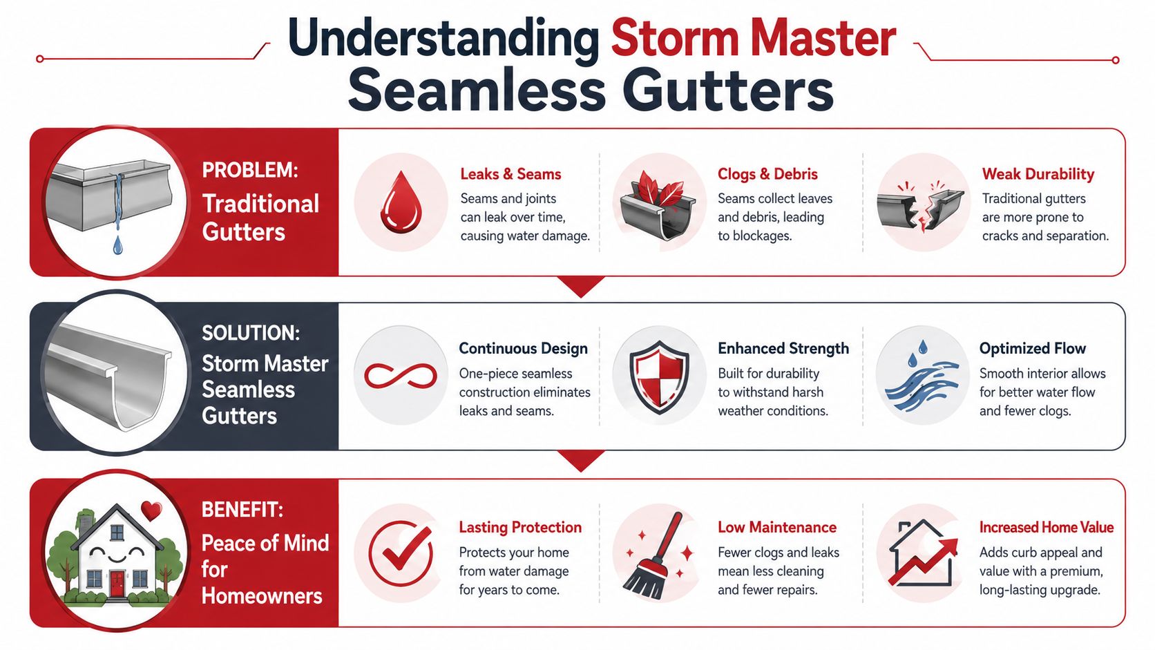 An infographic comparing traditional gutters with Storm Master seamless gutters, highlighting their problems, solutions, and homeowner benefits.