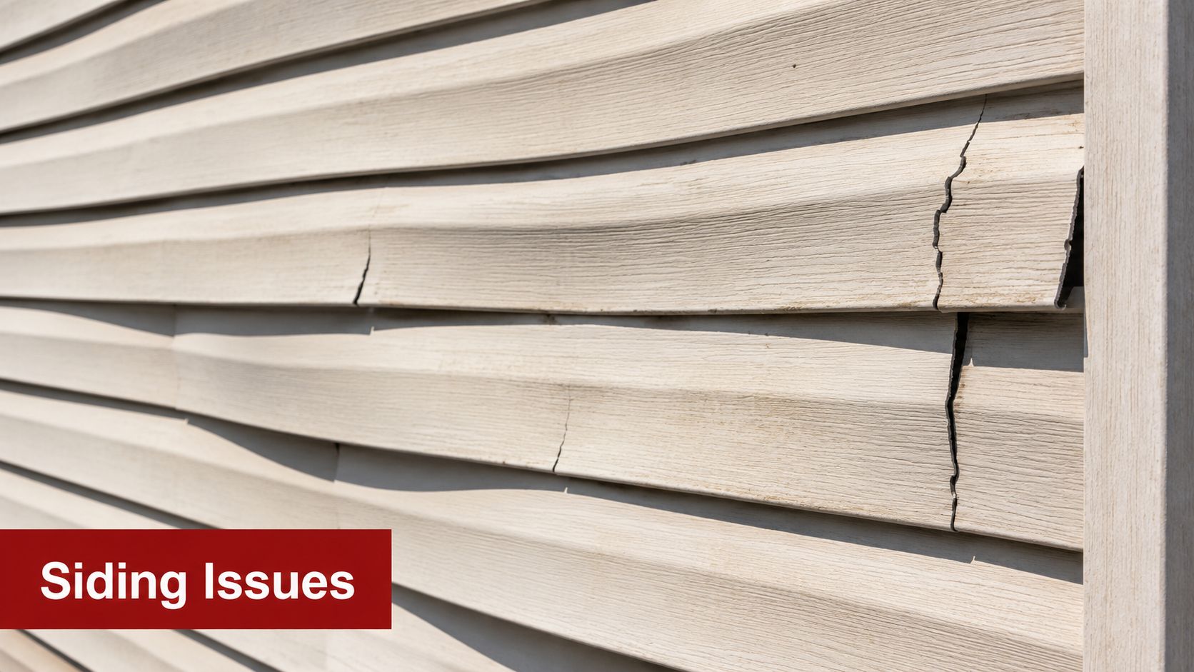 Close up view of damaged, warped, and cracked beige vinyl siding on the exterior of a residential home.