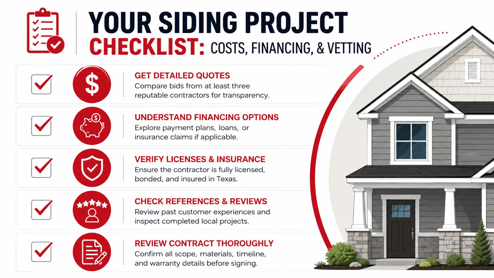 A checklist for planning a siding project including quotes, financing, licensing, reviews, and contract review tips.
