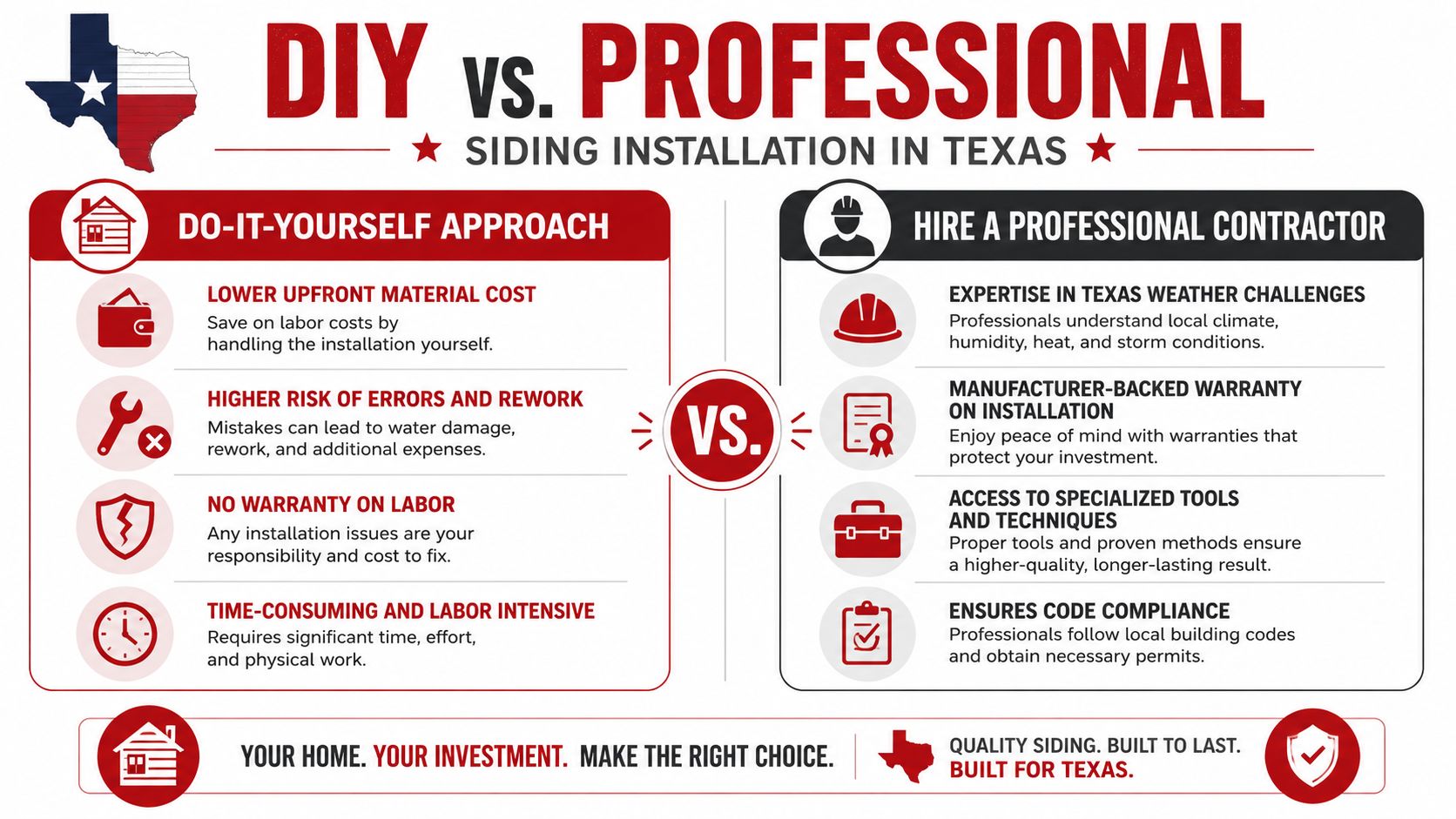 An infographic comparing the pros and cons of DIY versus professional siding installation services in Texas.