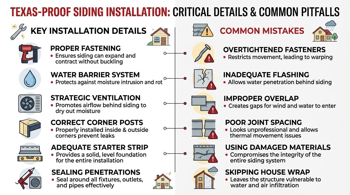 An infographic detailing critical installation steps and common mistakes for Texas-proof residential siding.